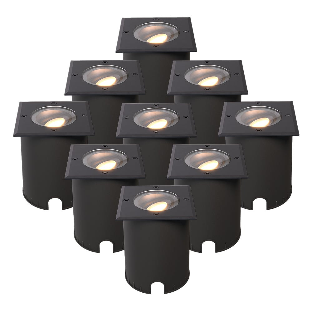 HOFTRONIC™ Set van 9 Cody LED Grondspots Zwart - GU10 4,5 Watt 345 lumen dimbaar - 2700K warm wit - Kantelbaar - Overrijdbaar - Vierkant - IP67 waterdicht