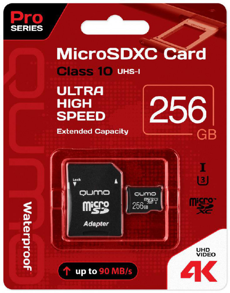 Карта памяти Qumo microSDXC 256GB Pro series microSDXC Class 10 UHS-I, U3 + SD адаптер, Черный QM256GMICSDXC10U3
