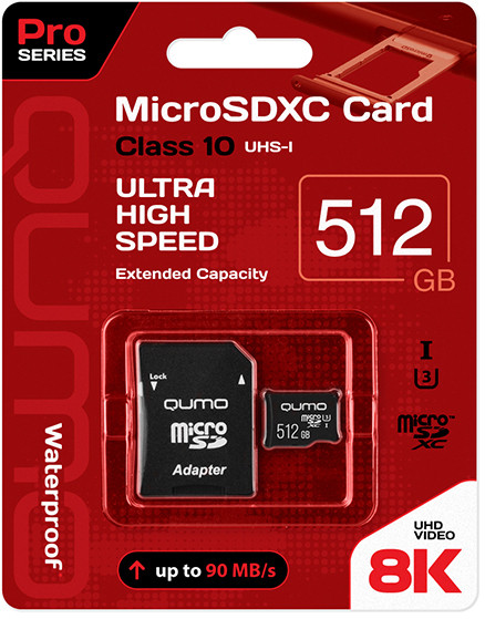 Карта памяти Qumo microSDXC 512GB Pro series microSDXC Class 10 UHS-I, U3 + SD адаптер, Черный QM512GMICSDXC10U3
