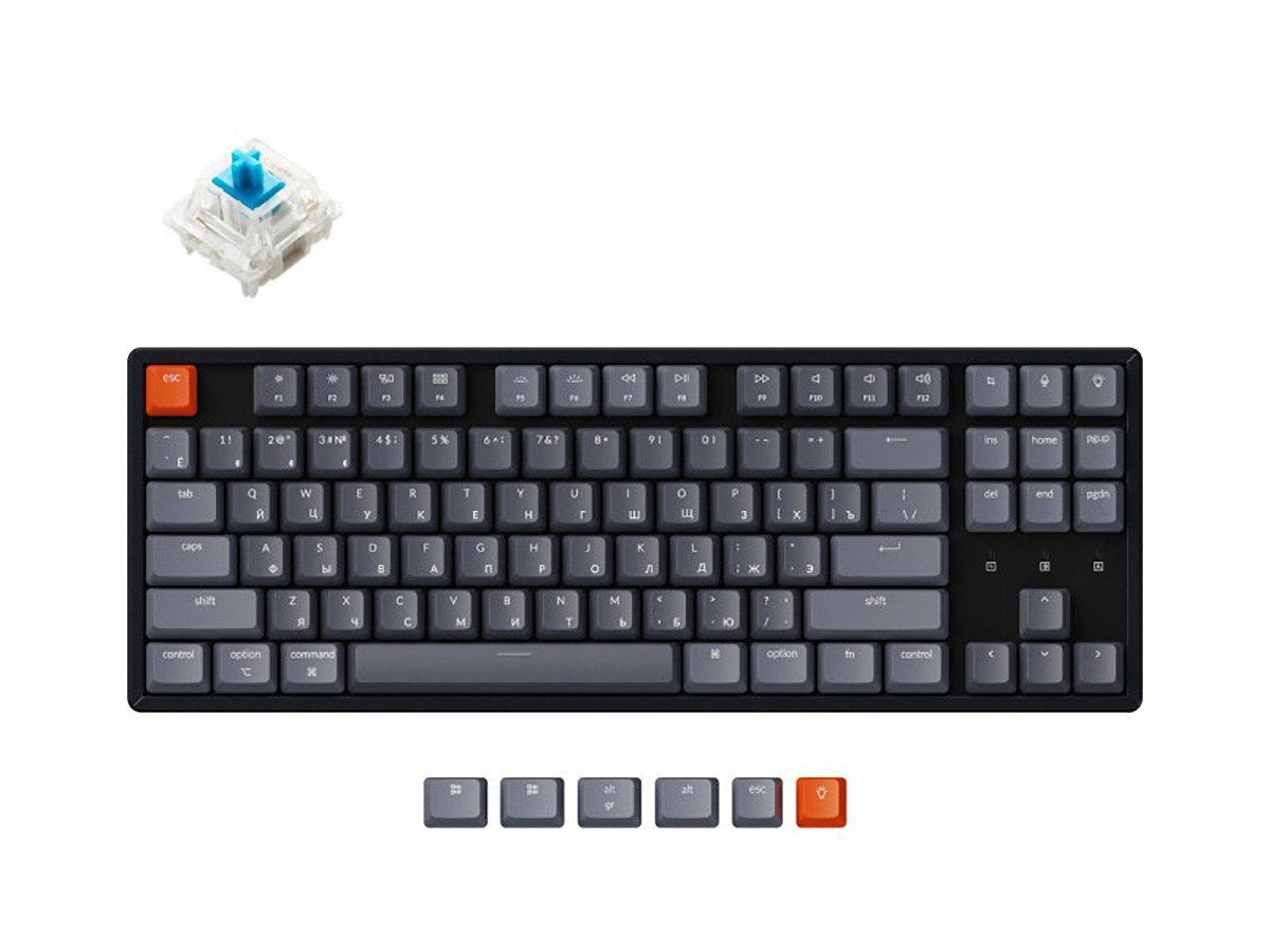Клавиатура беспроводная механическая Keychron K8, Bluetooth, White LED подсветка, Gateron Blue Switch, Черный/Серый K8G2