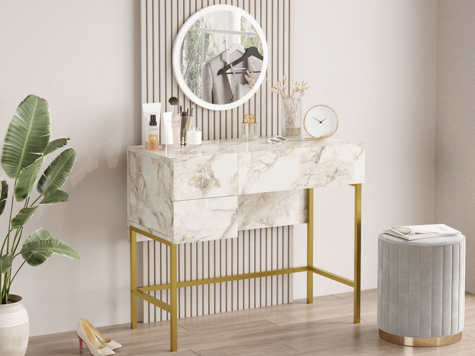 Make-up tafel MINSKO 3 lades wit/goud