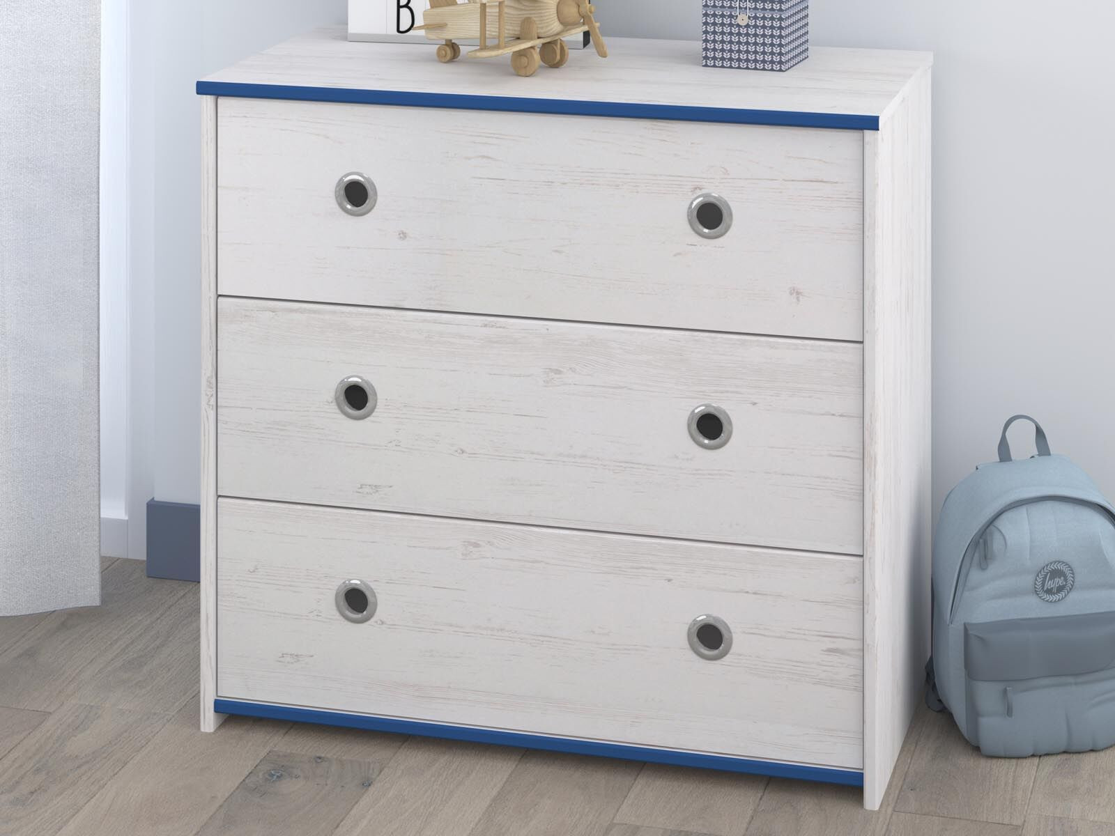 Commode SMOOKIE 3 lades witte pijnboom/blauw