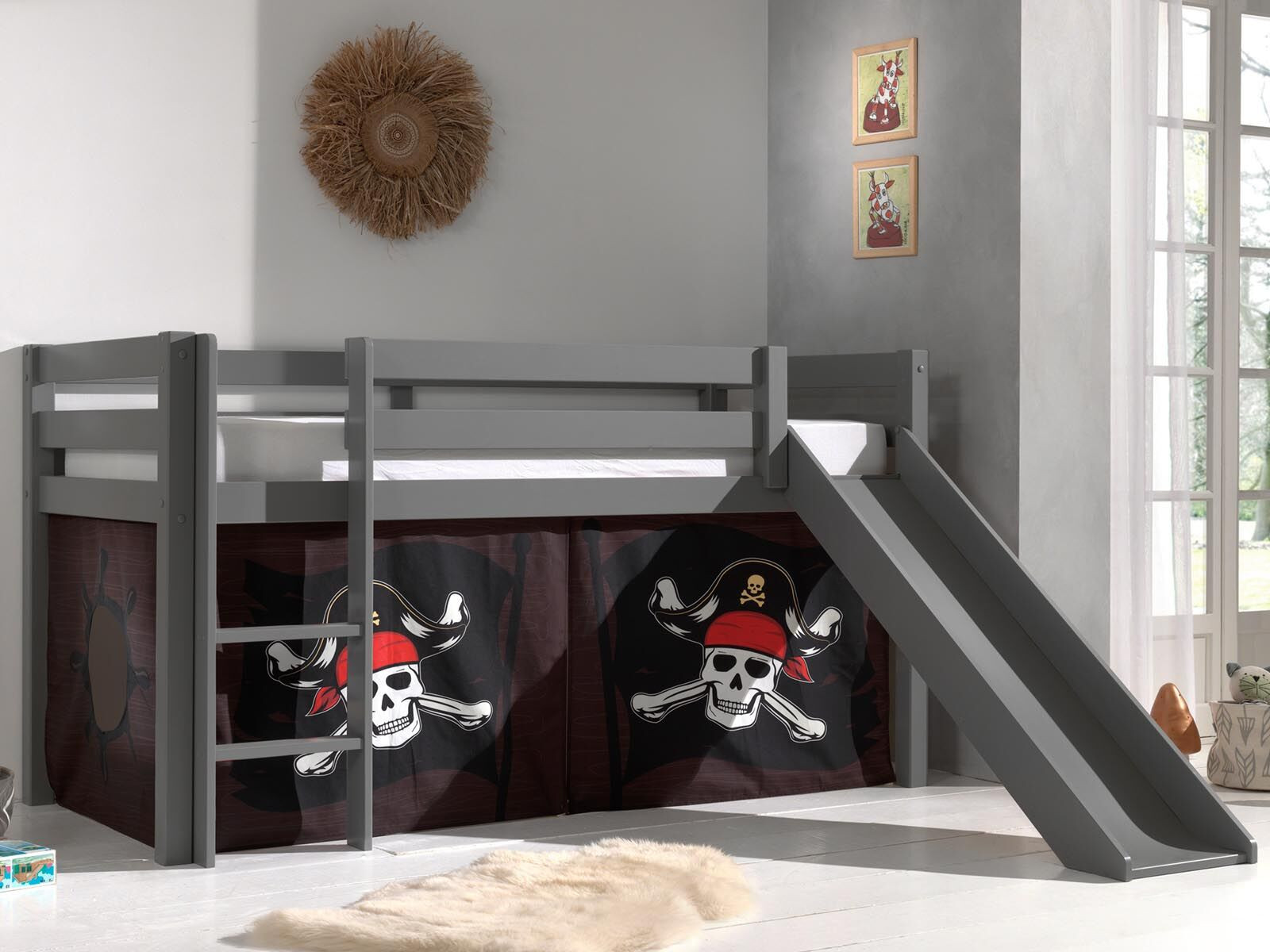 Bed ALIZE met glijbaan 90x200 cm grijs pijnboom tent pirates of the Caribbean II