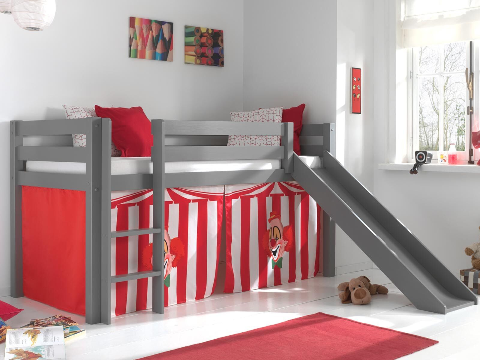 Bed ALIZE met glijbaan 90x200 cm grijs pijnboom tent circus