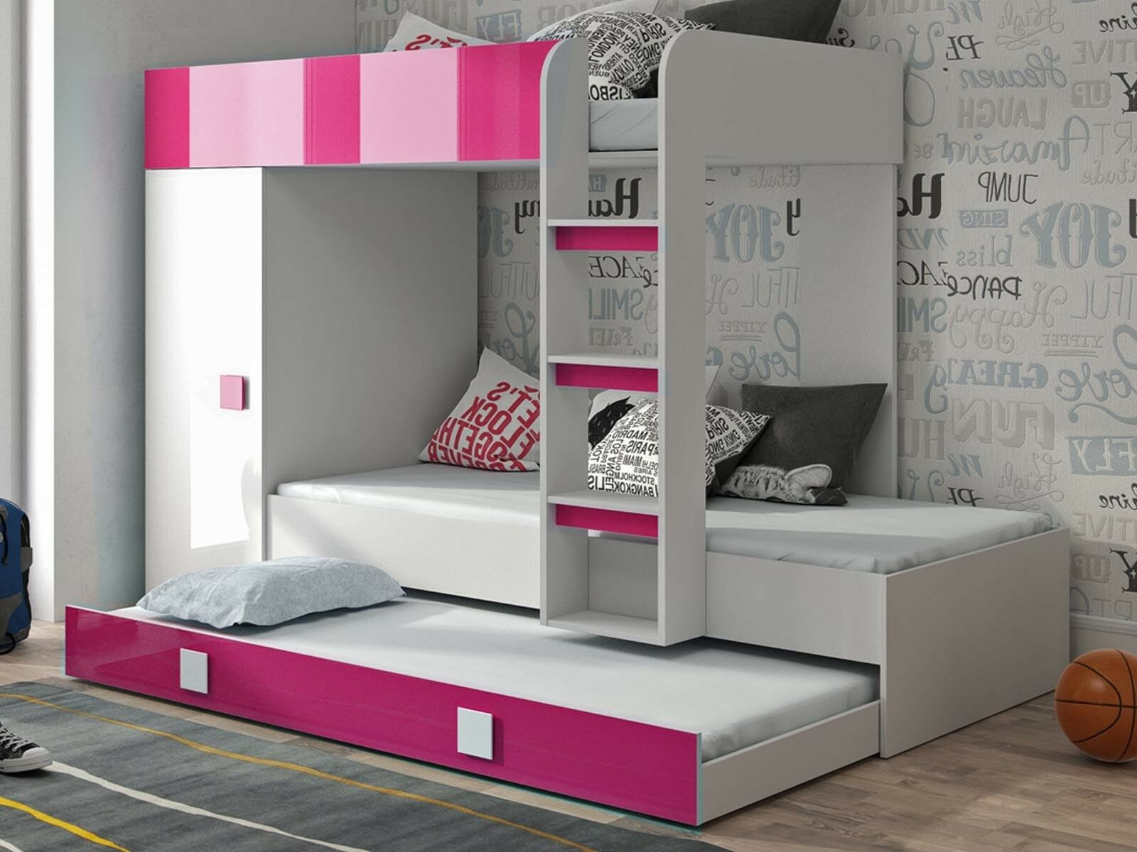 Stapelbed TOMORROW 90x200 cm wit/hoogglans roze met kledingkast aan de linkerzijde