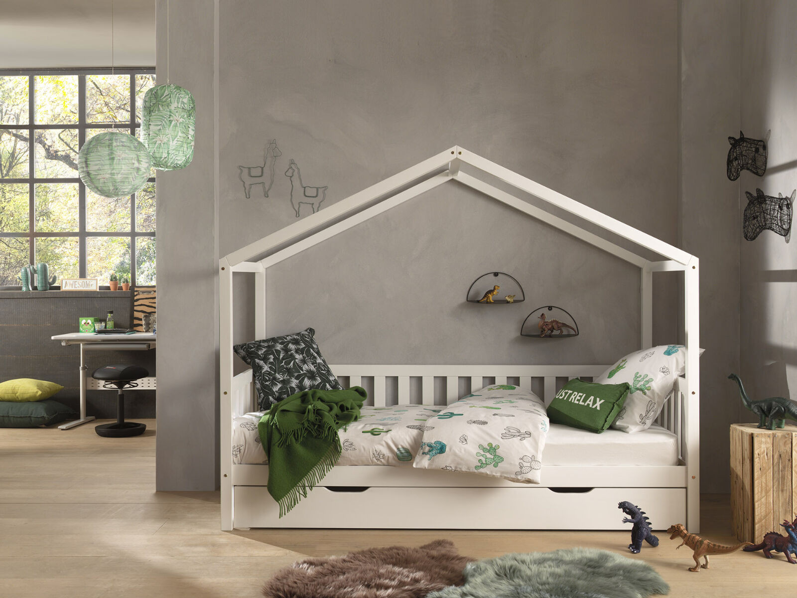 Huisbed DALTE 90x200 cm witte pijnboom met bedlade