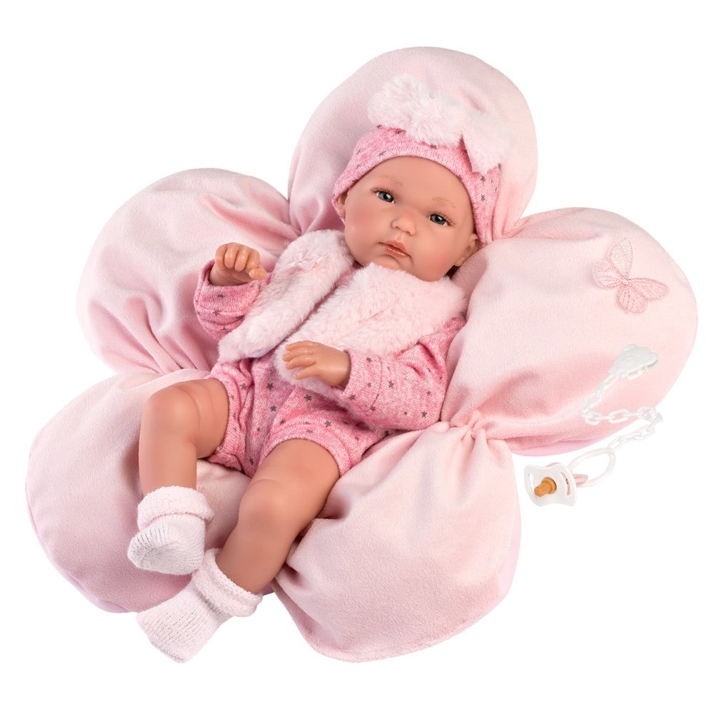 speelpop | Bimba Baby met roze bloemenkussen en accessoires | 35 cm | 7-delig