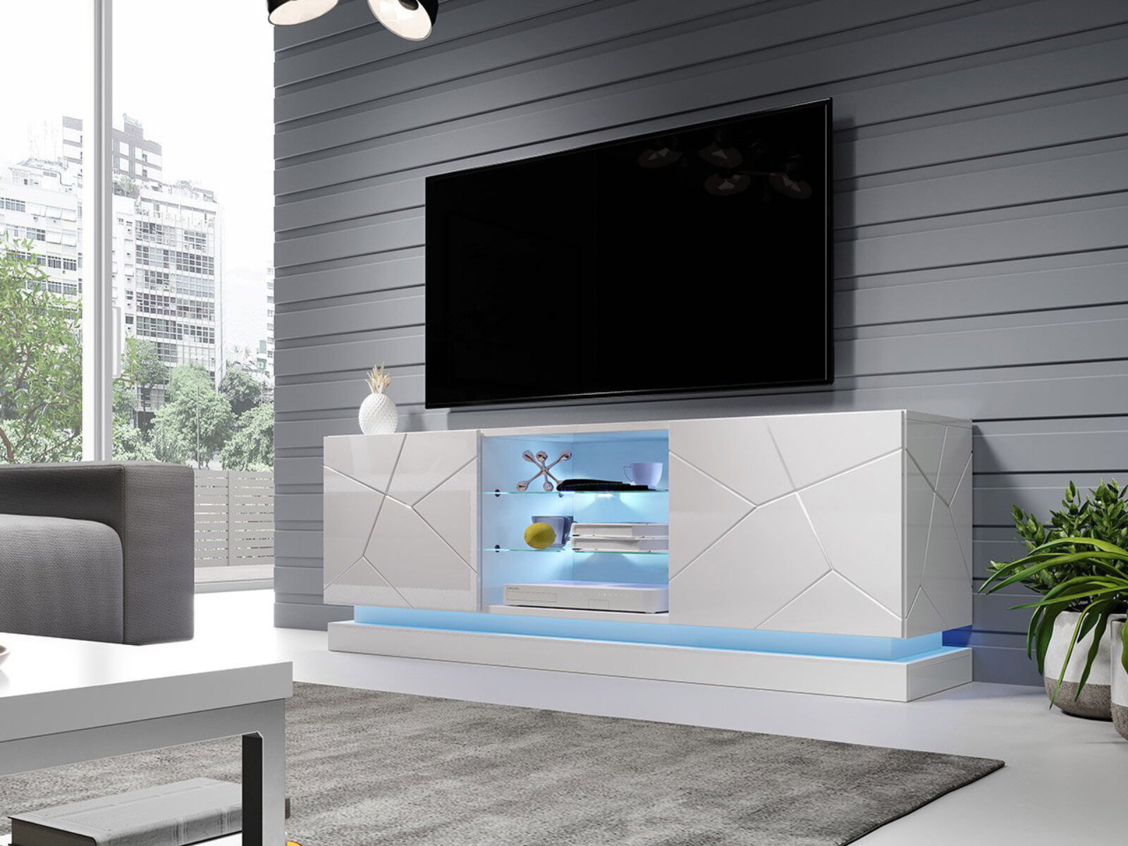 Tv-meubel AGNOS 2 deuren 160 cm wit/hoogglans wit zonder led