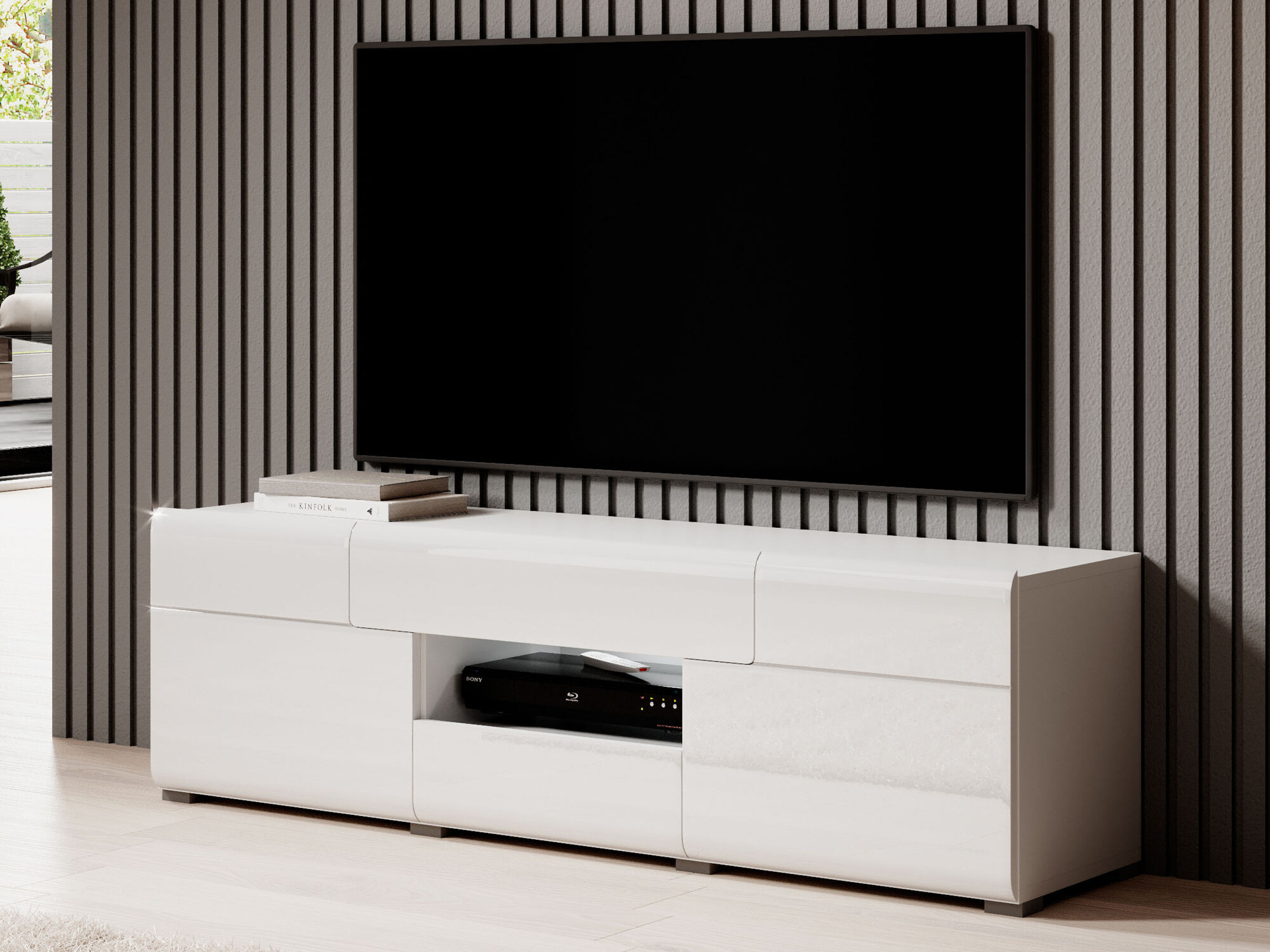 Tv-meubel TOMASSON 2 deuren 2 lades wit/hoogglans wit met led