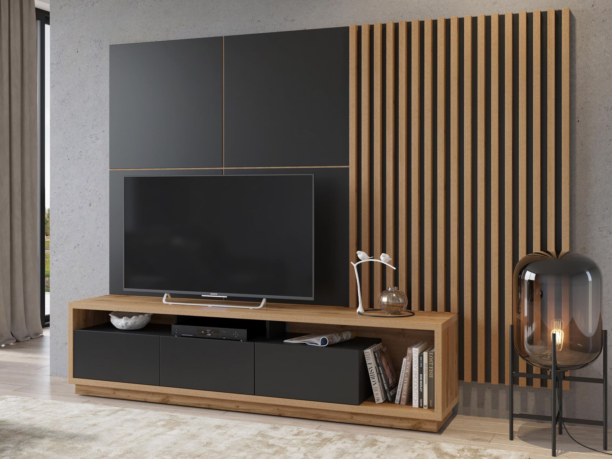 Tv-meubel CELIA DELUXE 3 lades wotan eik/zwart
