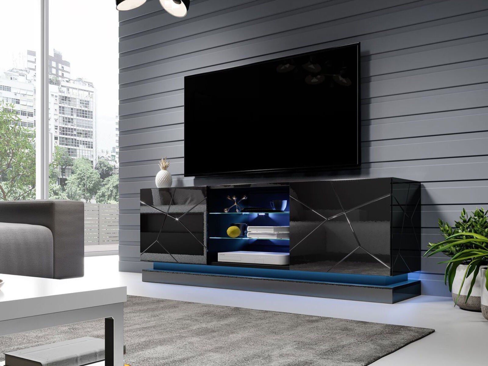 Tv-meubel AGNOS 2 deuren 160 cm zwart/hoogglans zwart met led