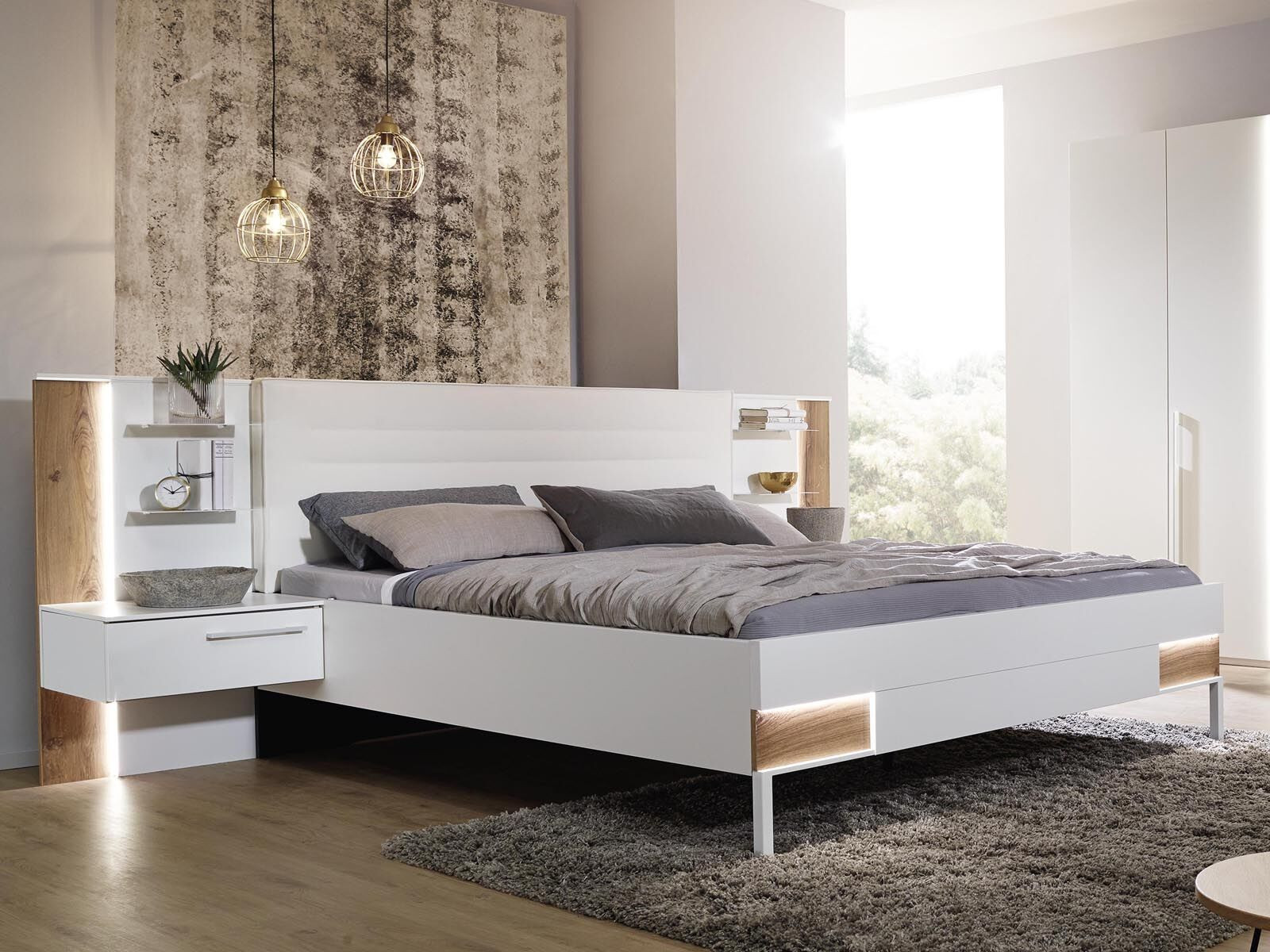 Bed en nachtkastjes VALOU 200x200 cm mat wit/oak atlantic zonder led