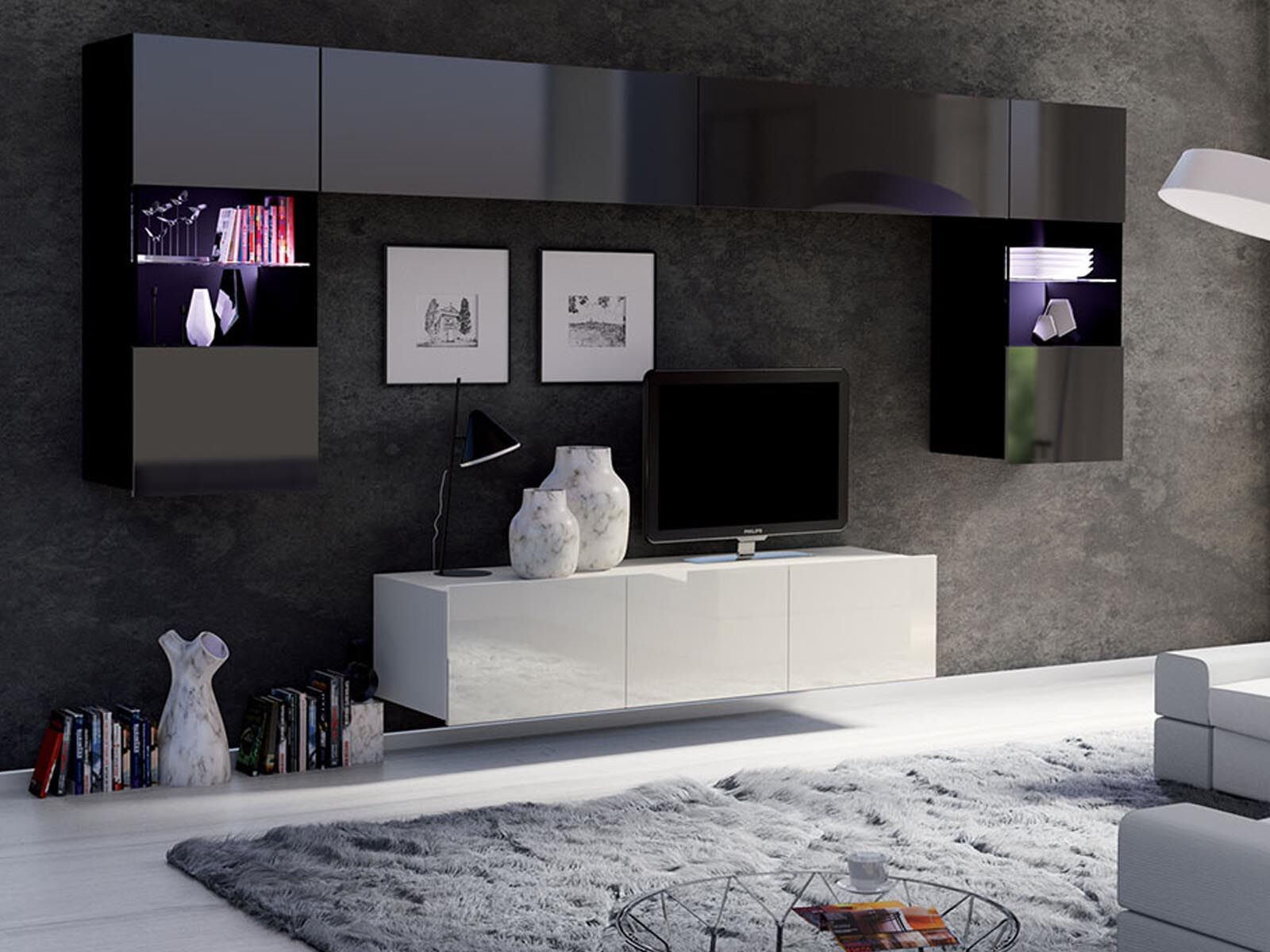 Tv-meubel set TOKYO 7 deuren hoogglans wit/hoogglans zwart zonder led
