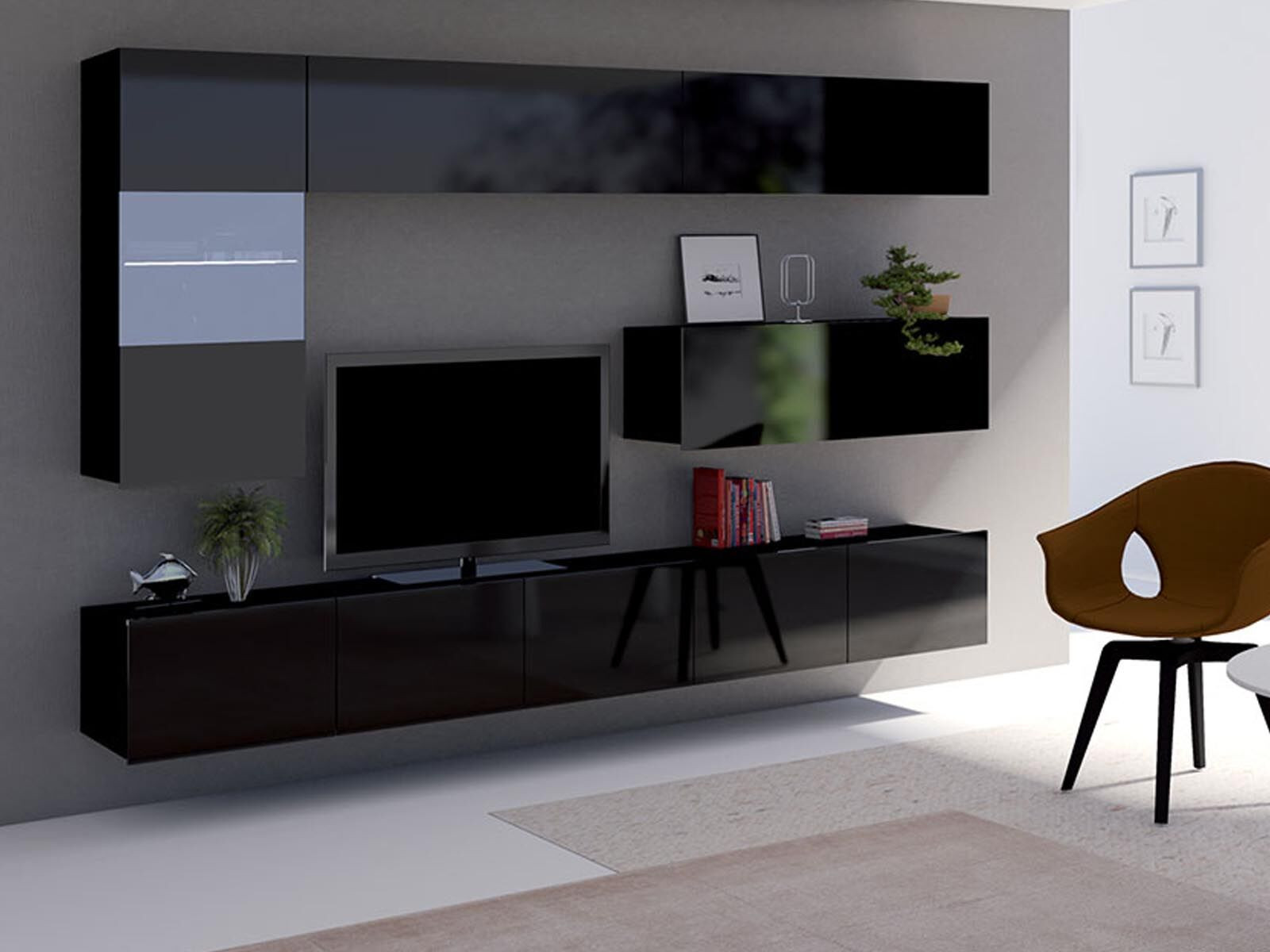 Tv-meubel set VALENCE 9 deuren zwart/hoogglans zwart zonder led