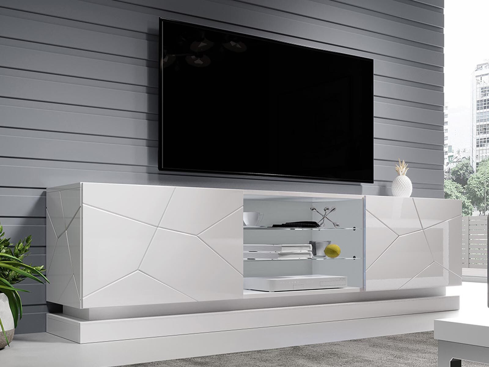 Tv-meubel AGNOS 2 deuren 200 cm wit/hoogglans wit zonder led