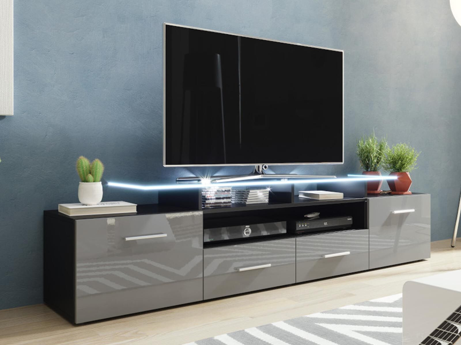 Tv-meubel EVA 2 deuren 2 lades zwart/hoogglans grijs zonder led