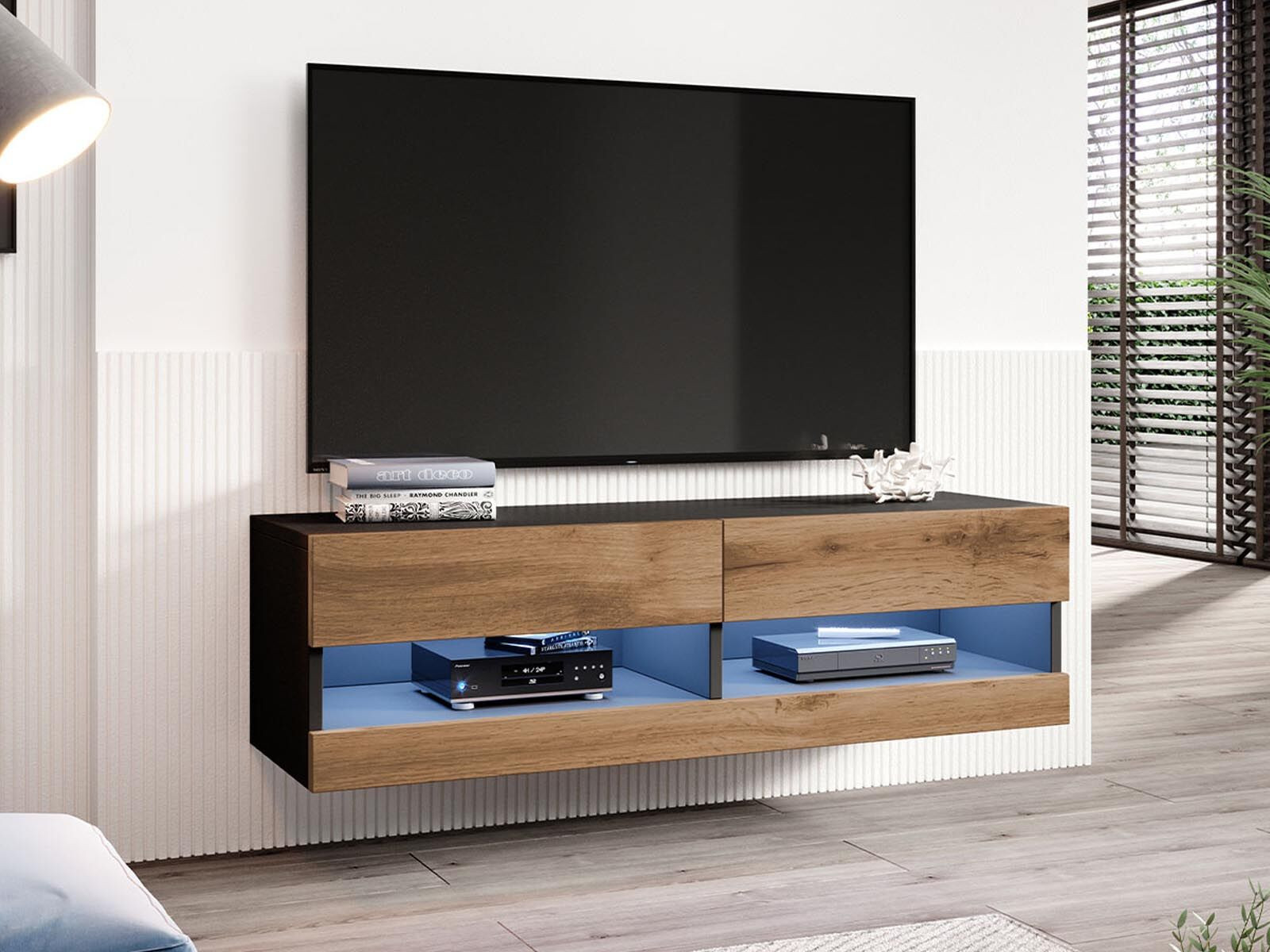 Tv-meubel VIGOR 2 vakken zwart/wotan eik zonder led