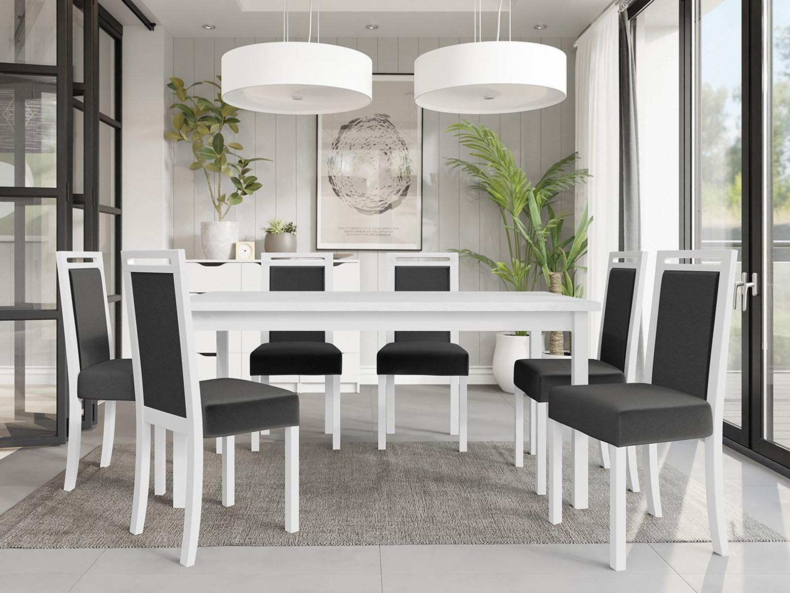 Eettafel ALF 160>200 cm wit met 6 stoelen en grijze kussens