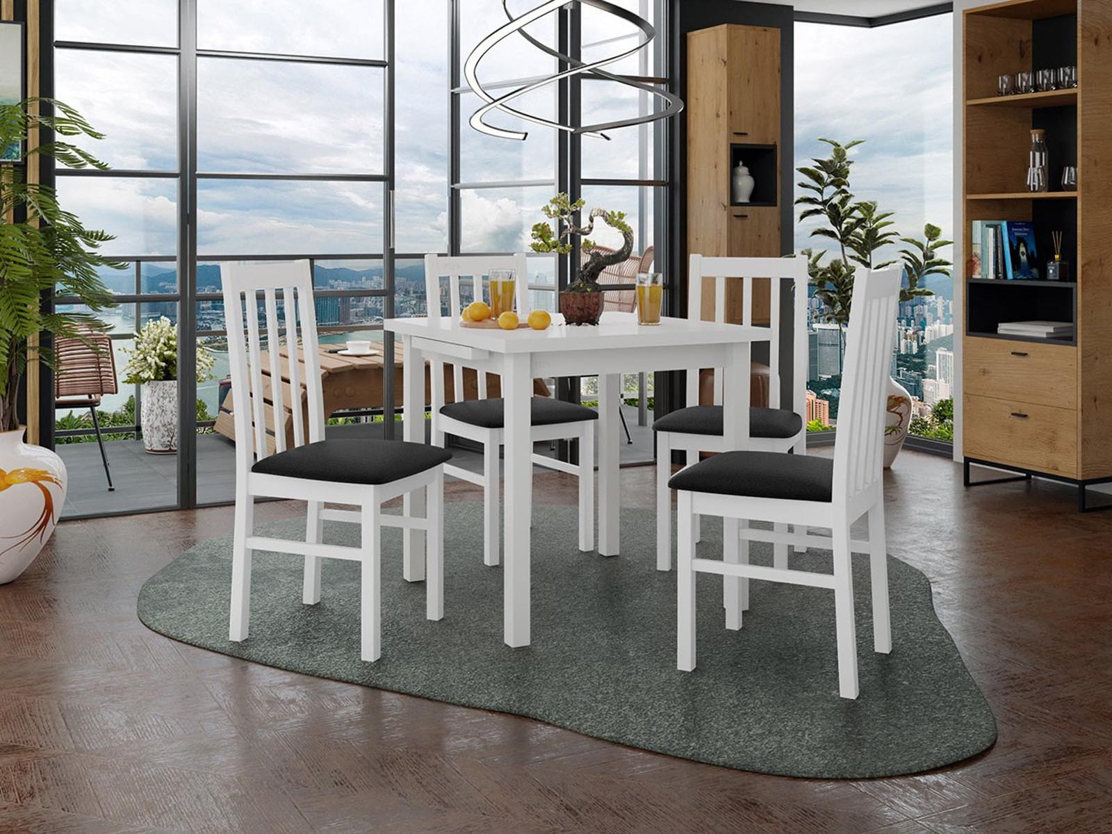 Eettafel AMENO 80>110 cm wit met 4 stoelen en zwarte kussens
