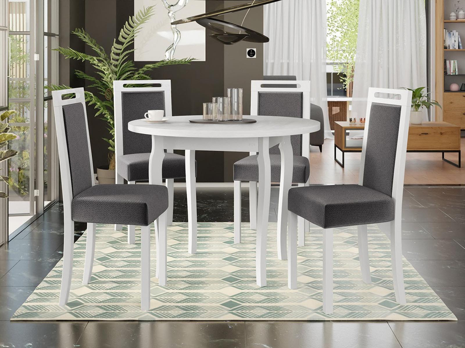 Ronde eettafel ALOIS Ø 100 cm wit met 4 stoelen en donkergrijze kussens