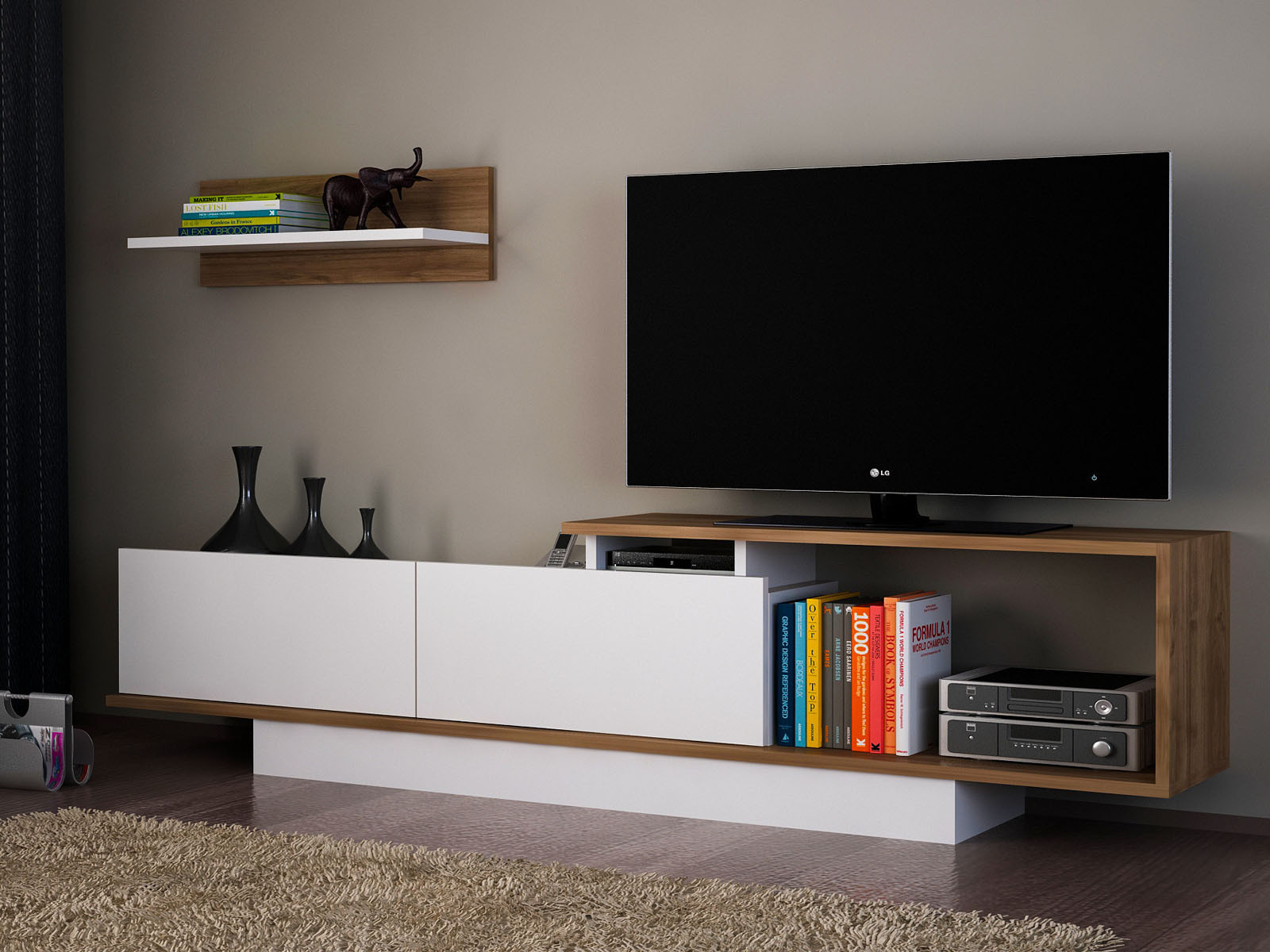 Tv-meubel ASOLA 2 deuren wit/walnoot met wandplank