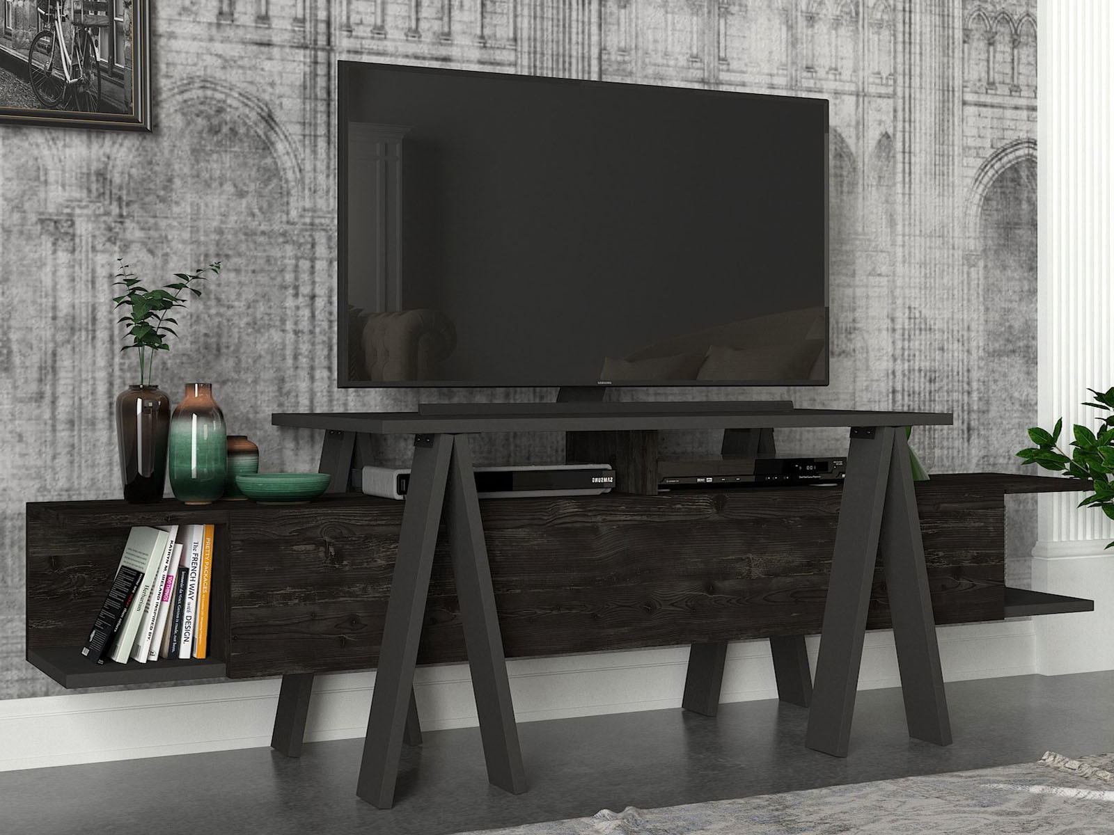 Tv-meubel ASPRO 2 vakken zwart/antraciet