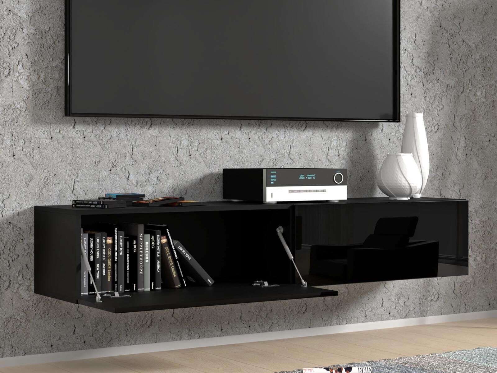 Tv-meubel BINTO 2 klapdeuren 160 cm hoogglans zwart/phanton zwart
