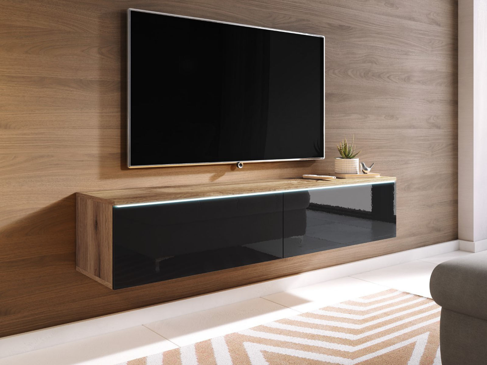 TV-meubel DUBAI 2 klapdeuren 140 cm eik wotan/hoogglans zwart met verlichting