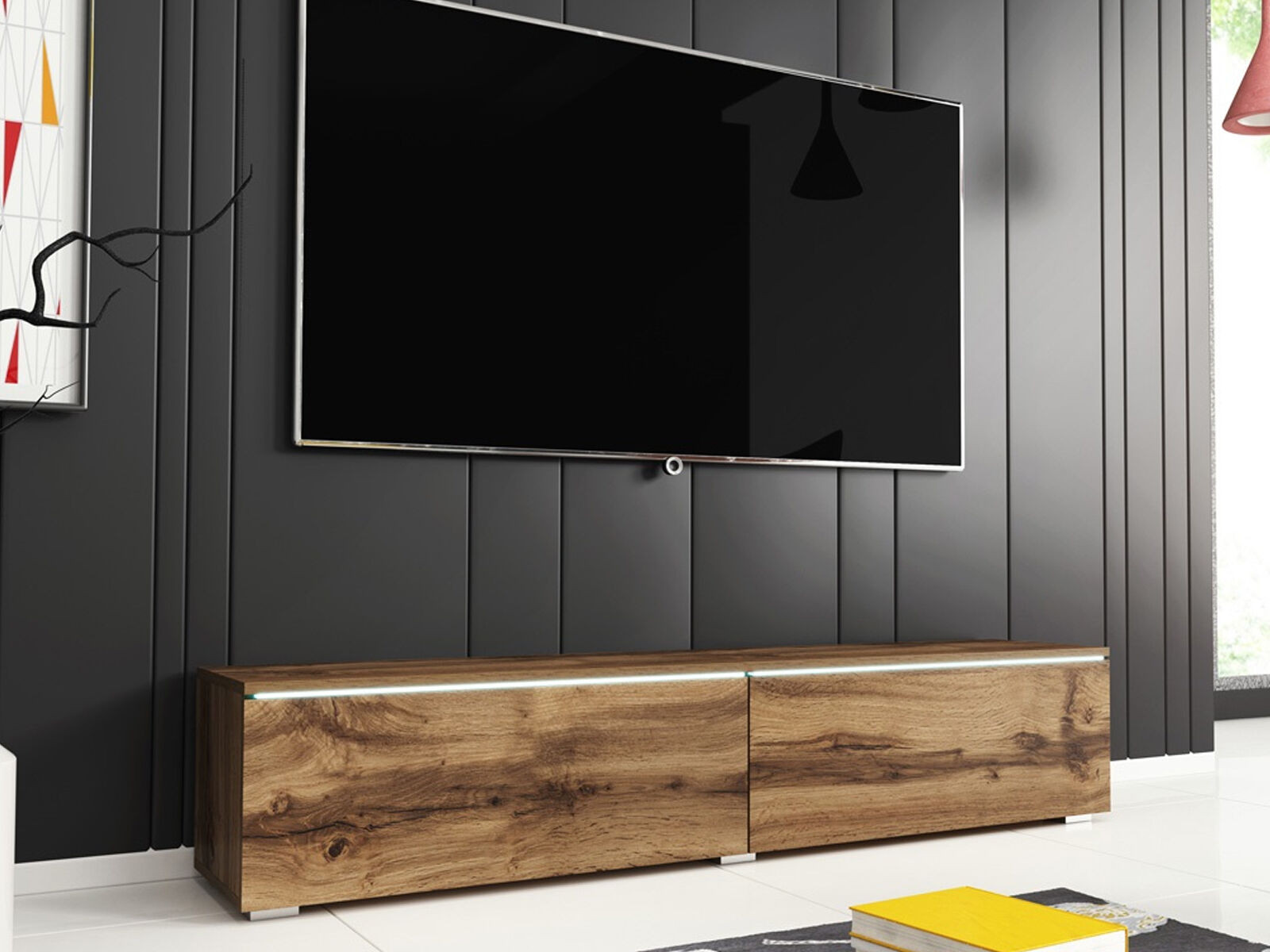 TV-meubel DUBAI 2 klapdeuren 140 cm wit eik wotan met verlichting