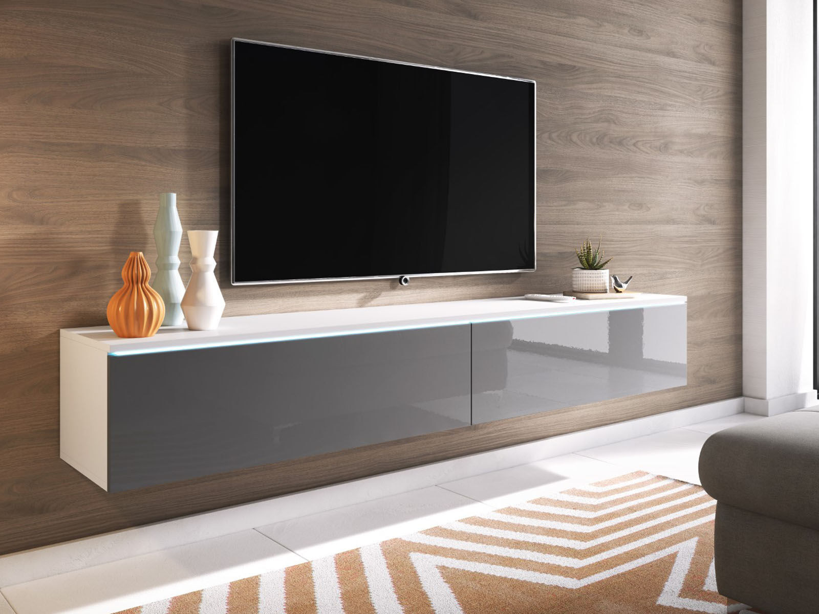 TV-meubel DUBAI 2 klapdeuren 180 cm wit/hoogglans grijs met verlichting