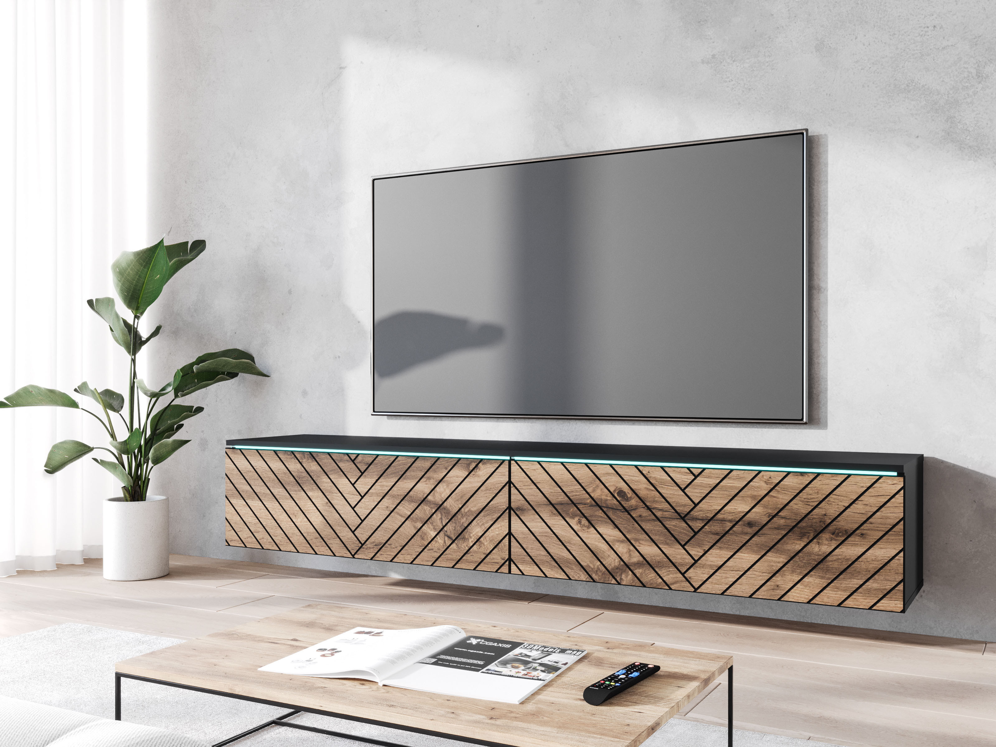 Tv-meubel DONATELO 2 klapdeuren 180 cm zwart/wotan eik