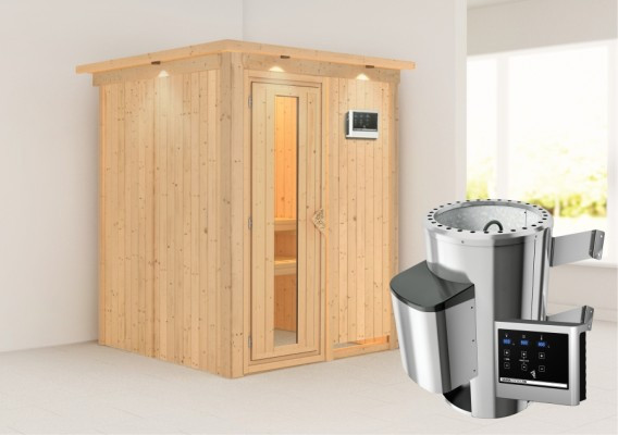 Karibu | Minja Sauna met Dakkraag | Energiesparende Deur | Kachel 3,6 kW Externe Bediening