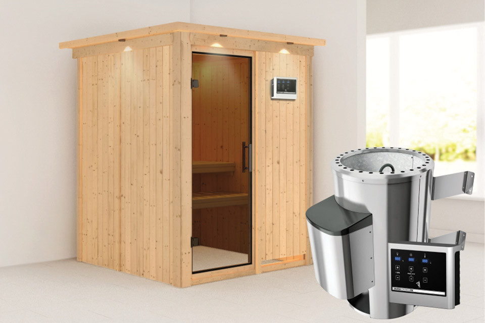 Karibu | Minja Sauna met Dakkraag | Antracietglas | Kachel 3,6 kW Externe Bediening