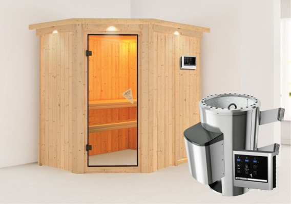 Karibu | Saja Sauna met Dakkraag | Bronzeglas Deur | Biokachel 3,6 kW Externe Bediening