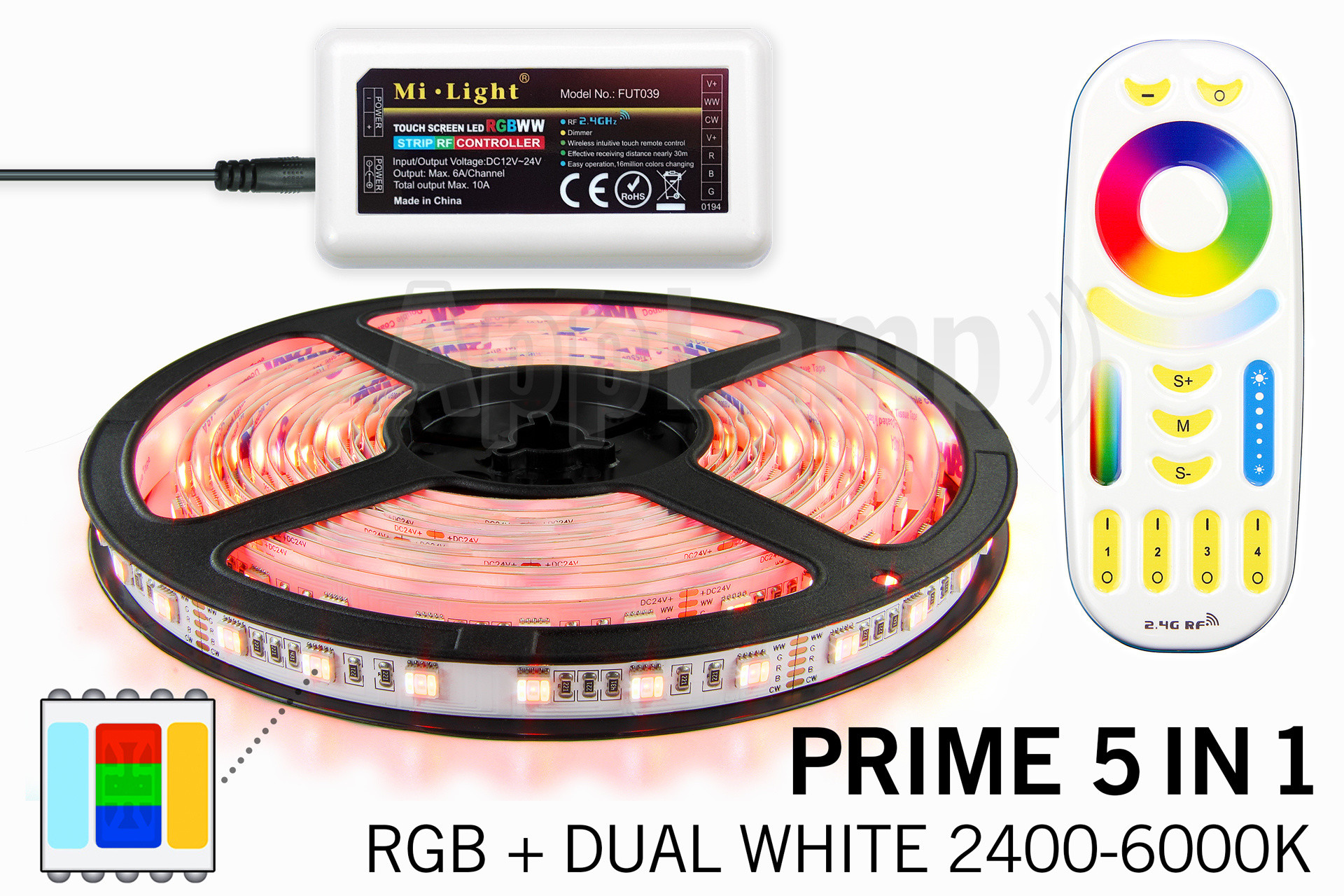 Mi·Light PRIME Ledstrip RGB Color+Dual White 60 LED/m, 5 IN 1. Complete set met RF Afstandsbediening