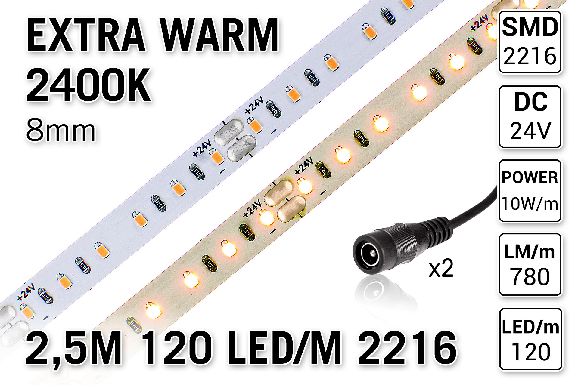 PRO LINE 2400K Extra Warm Wit Led Strip | 2.5m 120 Leds pm Type 2216 24V Losse Strip
