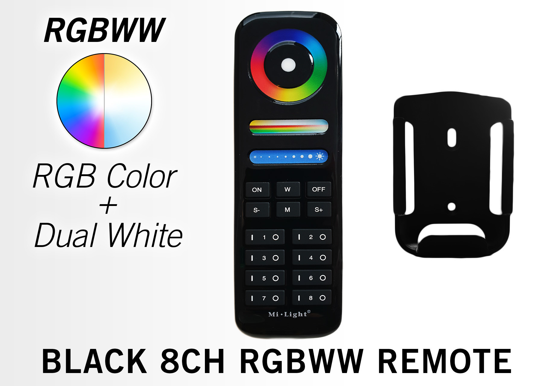 Mi·Light Zwarte MiLight RGB+ DualWhite (RGB+CT) hand afstandsbediening, 8-zones, RF, 2xAAA