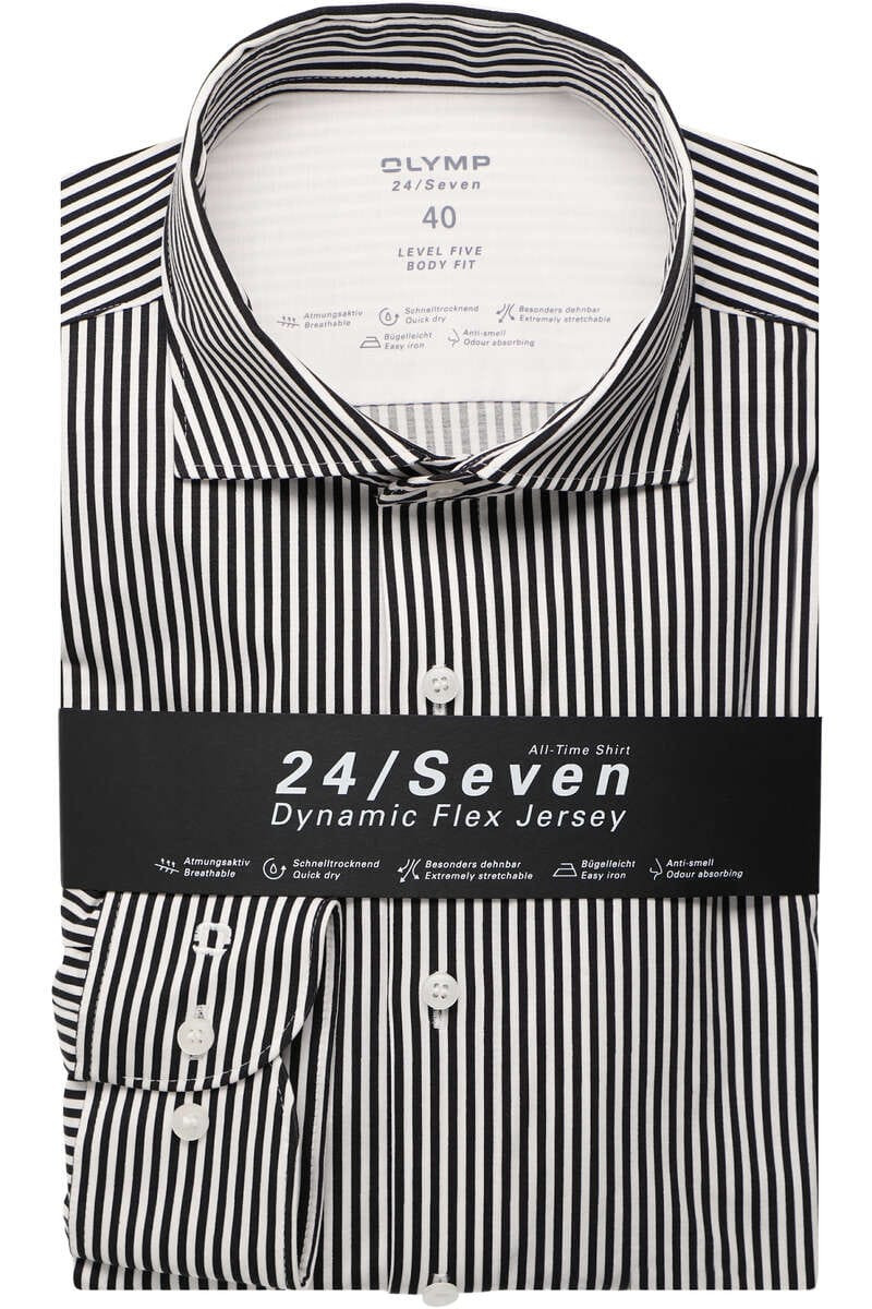 OLYMP Level Five 24/Seven Body Fit Jersey shirt zwart/wit, Gestreept