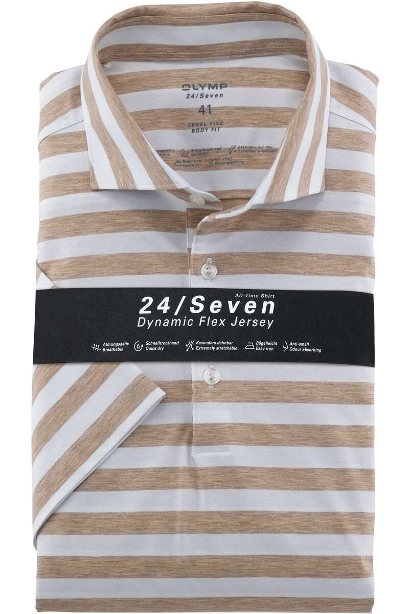 OLYMP Level Five 24/Seven Body Fit Jersey shirt beige/wit, Horizontale strepen
