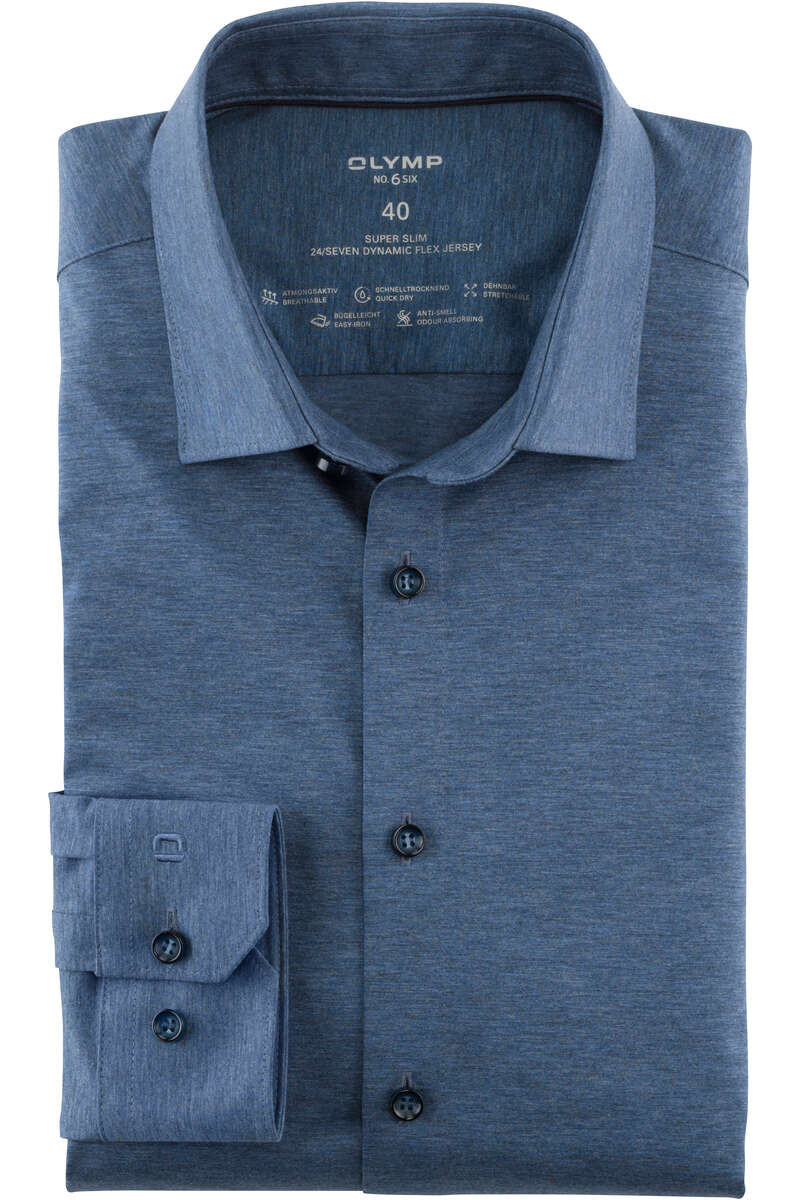 OLYMP No. Six 24/Seven Super Slim Jersey shirt rook blauw, Effen