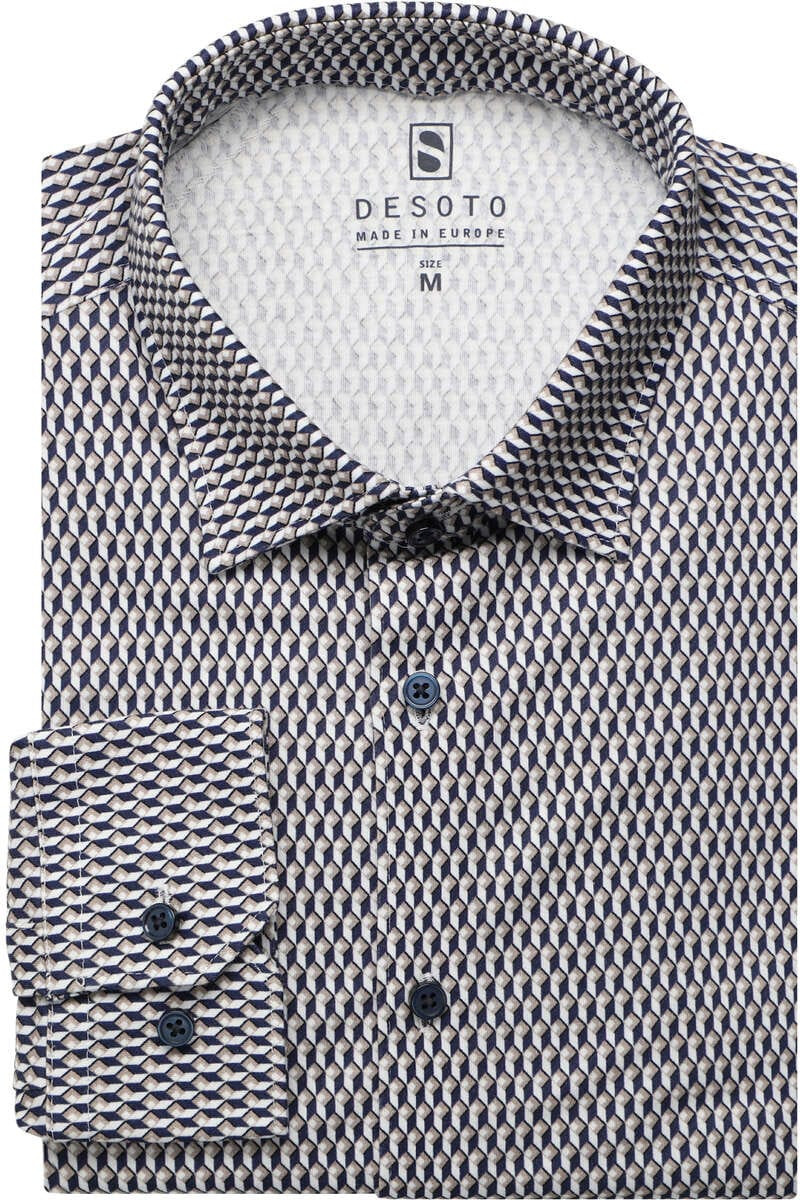 Desoto Slim Fit Jersey shirt wit/blauw/bruin, Motief