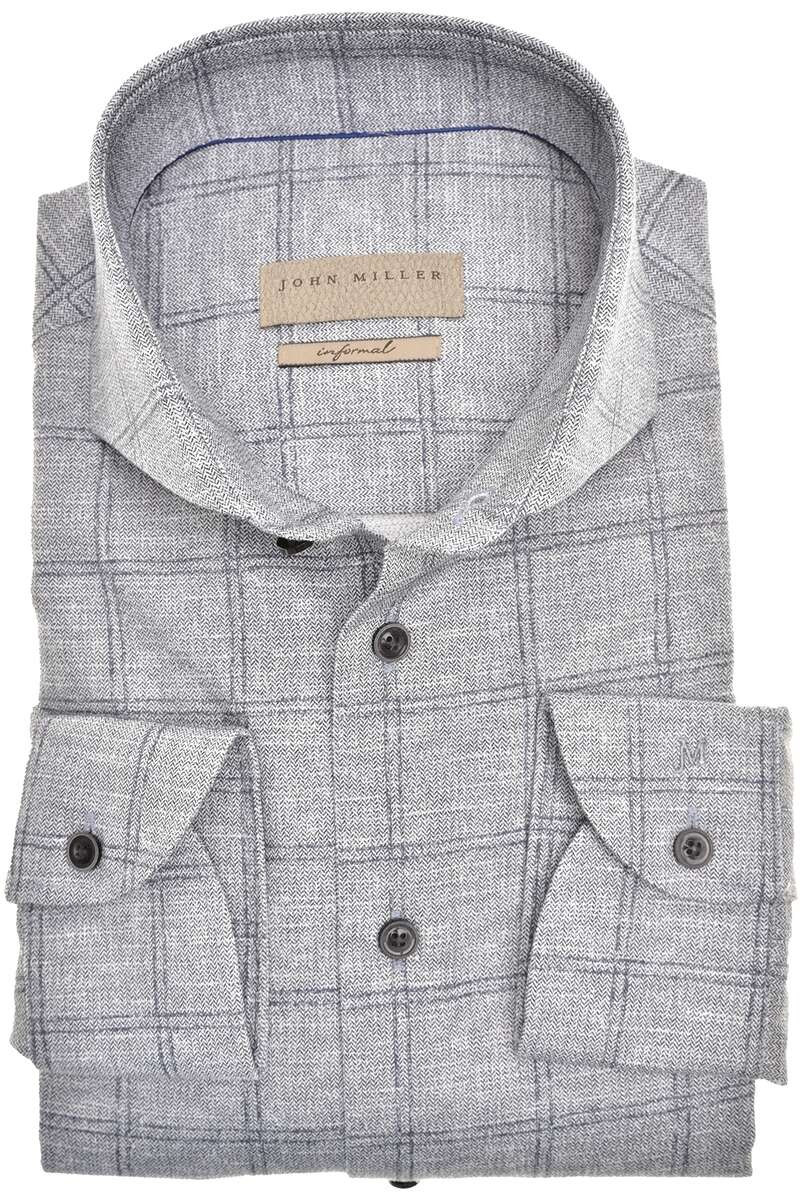 John Miller Tailored Fit Overhemd lichtgrijs, Plaid, gebreid patroon
