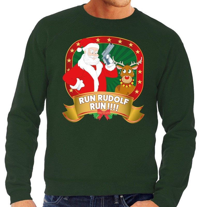 Foute kersttrui groen Run Rudolf Run voor heren