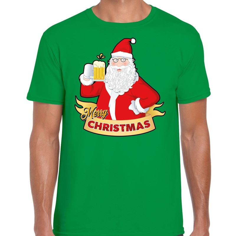Kerst shirt merry christmas Santa bier / proost groen heren