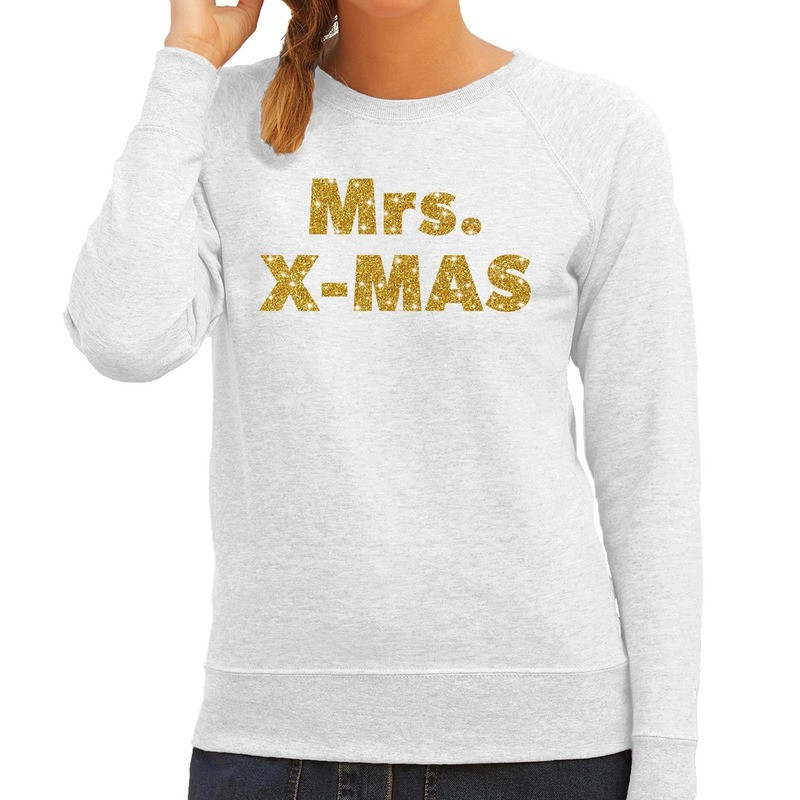 Kersttrui Mrs. x-mas gouden glitter letters grijs dames
