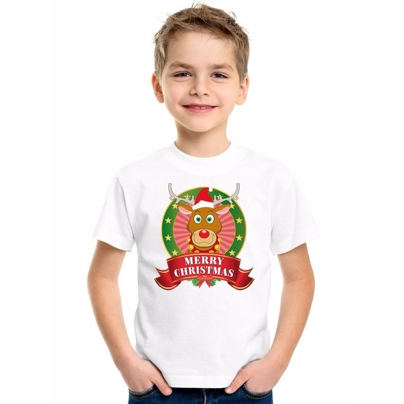 Wit Kerst t-shirt voor kinderen met een rendier