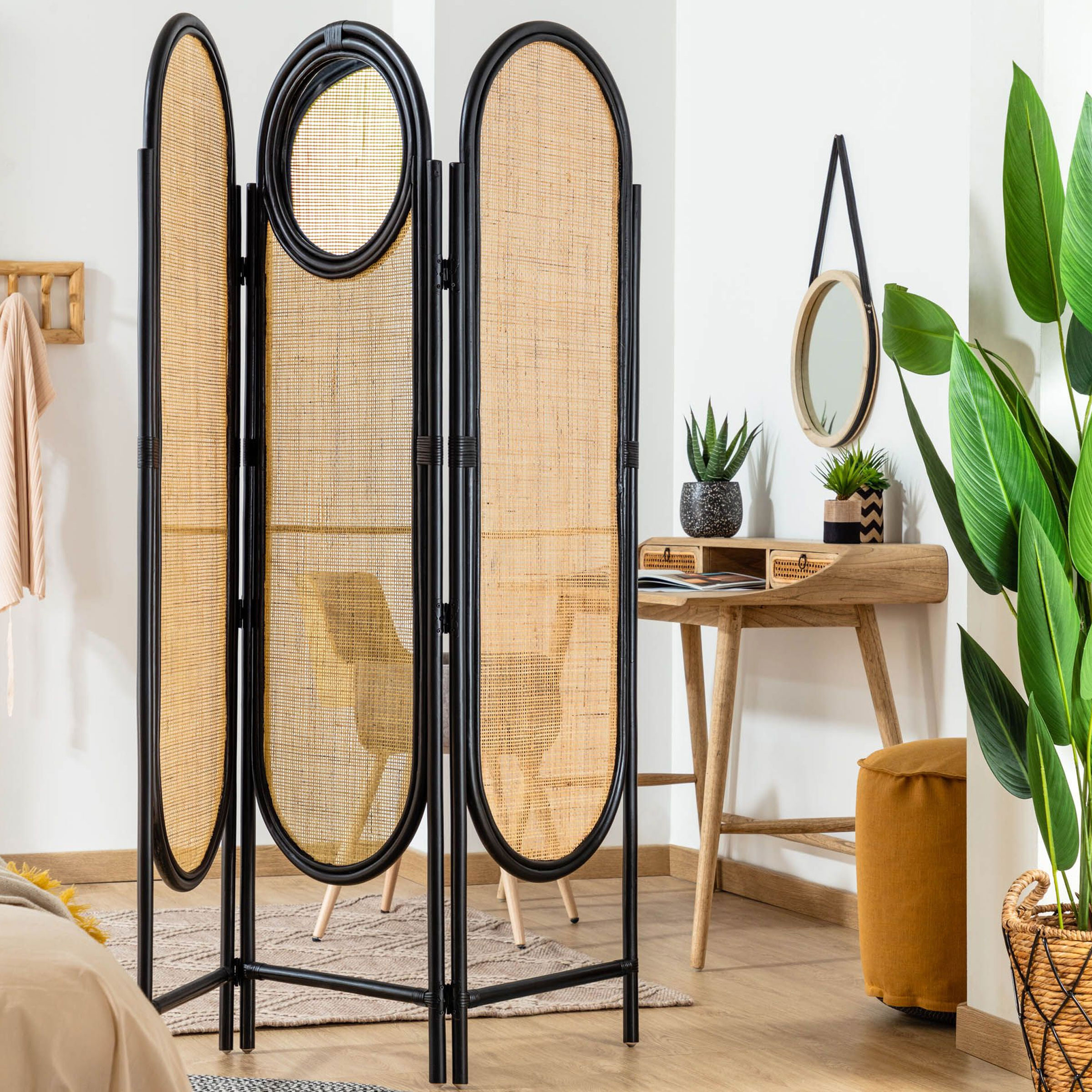 Kave Home Roomdivider Lalita met spiegel, Rotan / Webbing - Naturel