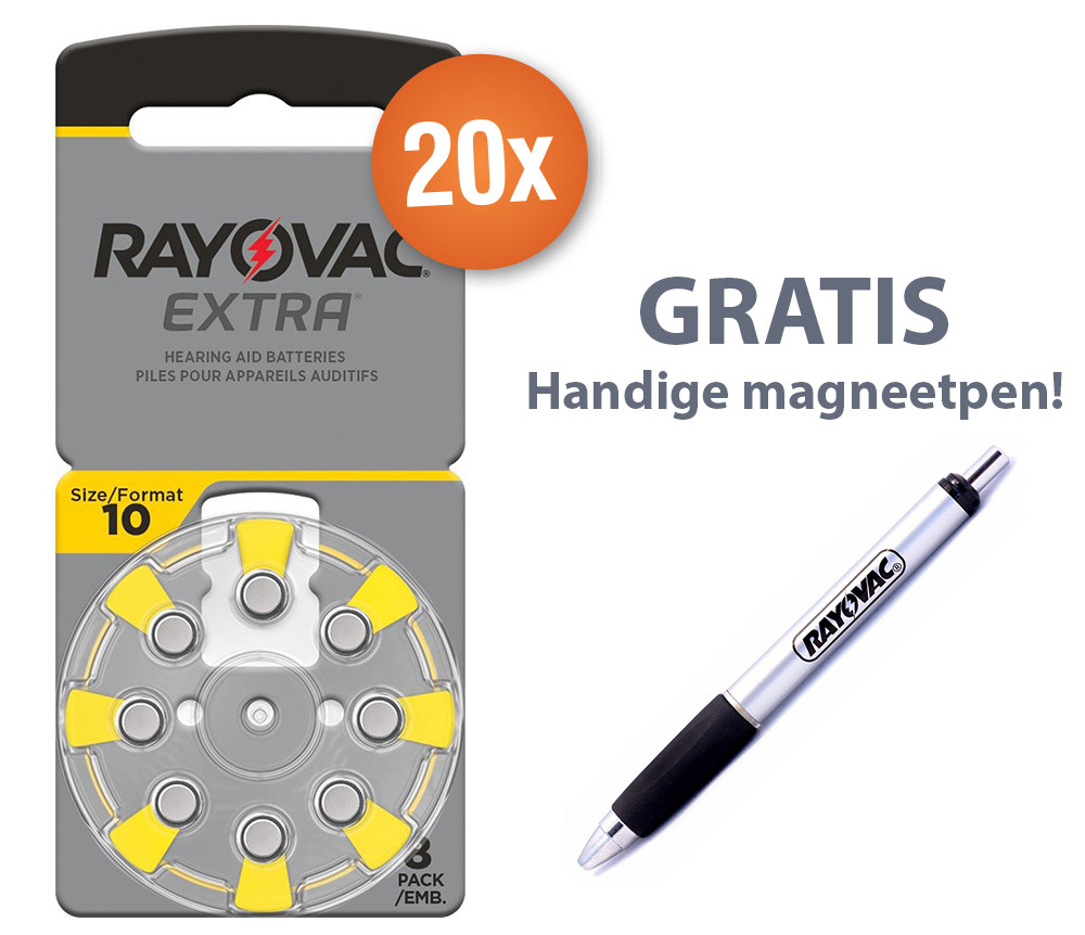 Voordeelpak Rayovac gehoorapparaat batterijen - Type 10 (geel) - 20 x 8 stuks + gratis magnetische batterijpen