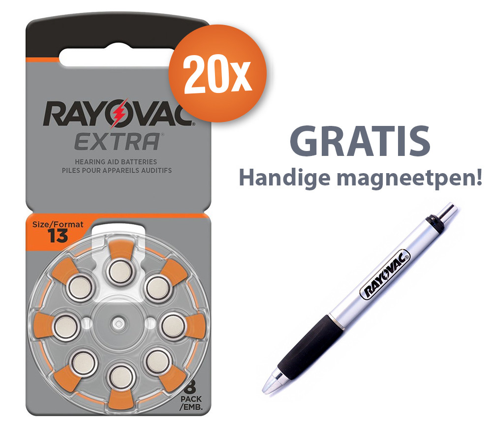 Voordeelpak Rayovac gehoorapparaat batterijen - Type 13 (oranje) - 20 x 8 stuks + gratis magnetische batterijpen