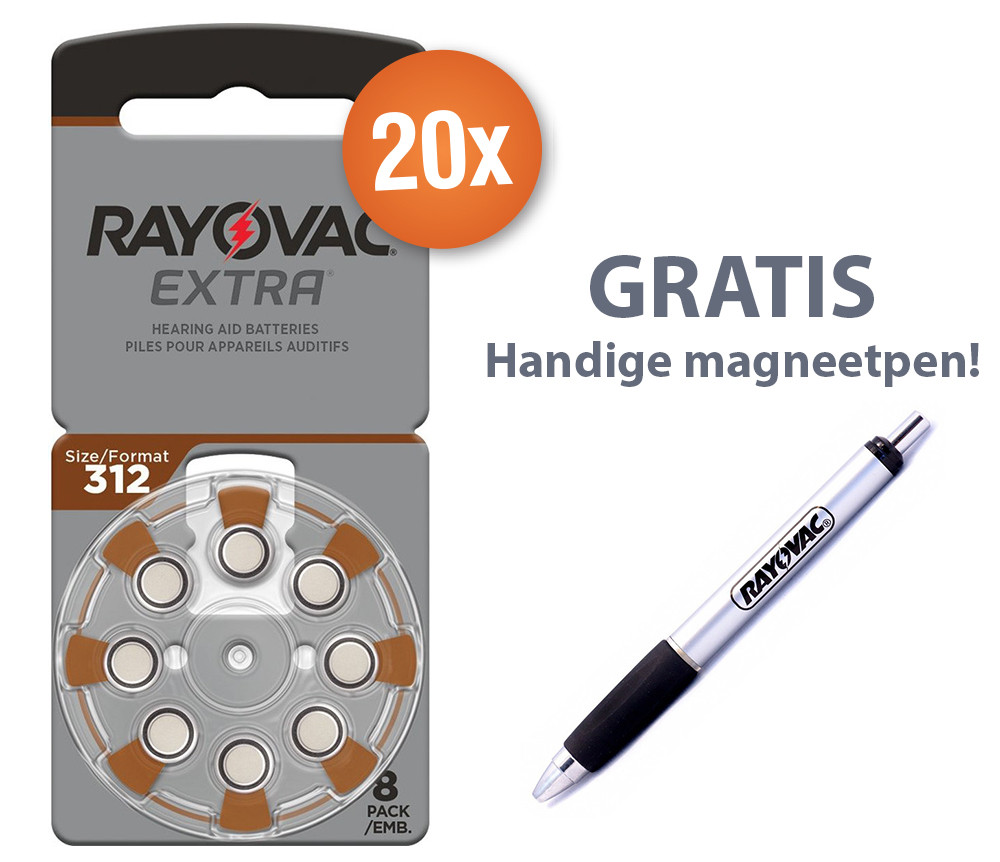 Voordeelpak Rayovac gehoorapparaat batterijen - Type 312 (bruin) - 20 x 8 stuks + gratis magnetische batterijpen